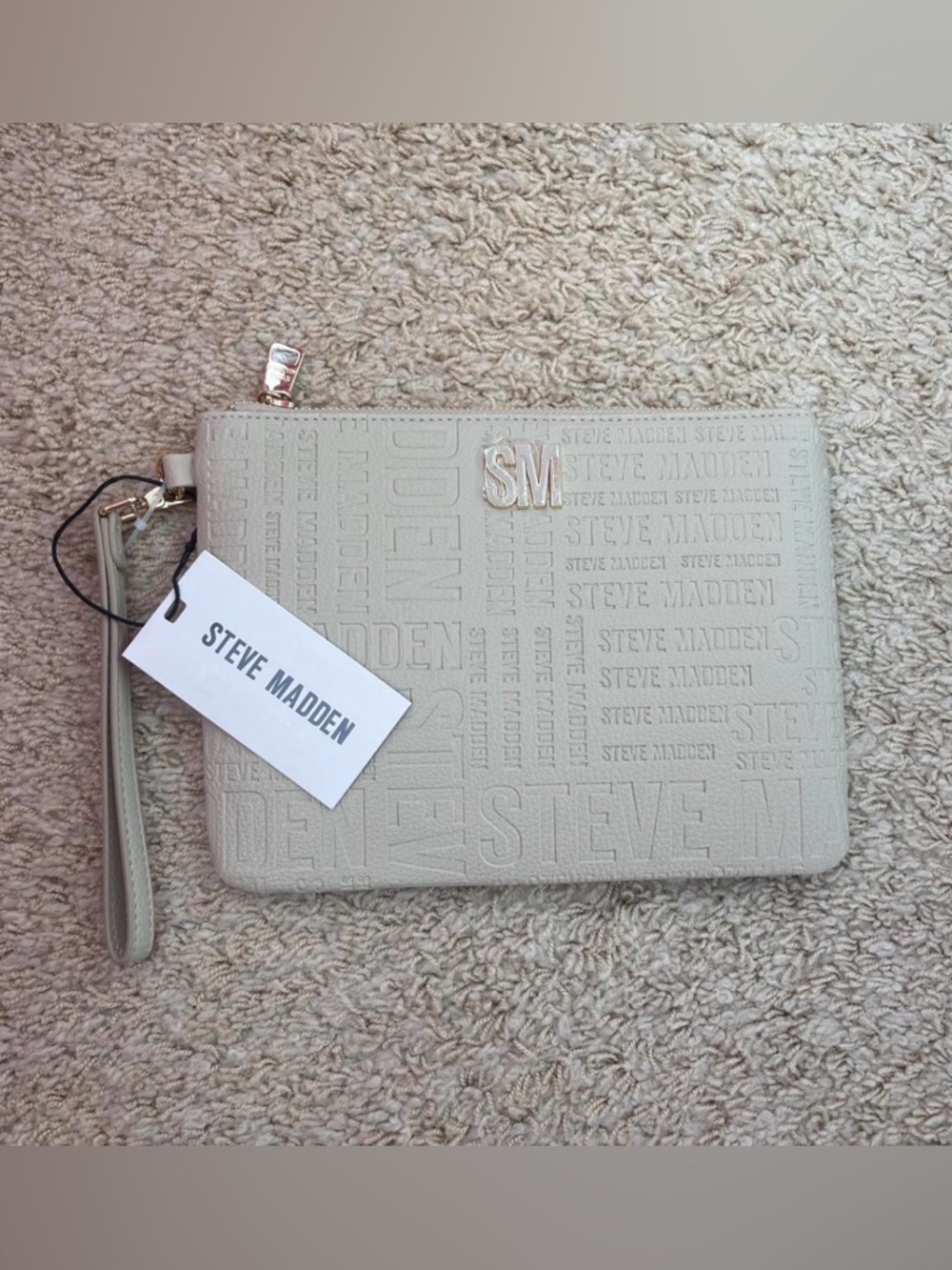 Steve Madden Cream Zip Pouch with Gold Hardware